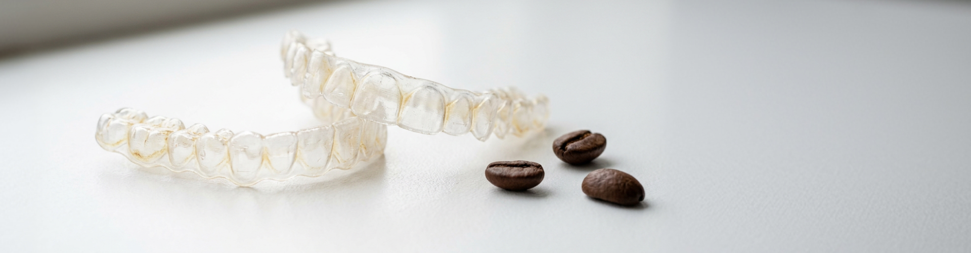 Clear aligners and coffee beans laying on white surface.